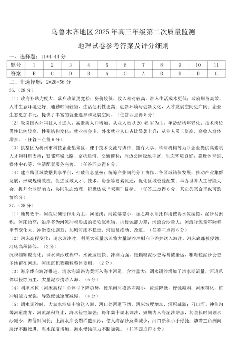 乌鲁木齐地区2025年高三年级第二次质量监测文综地理答案_2025年3月_250326新疆维吾尔自治区乌鲁木齐地区2025年高三年级第二次质量监测（全科）