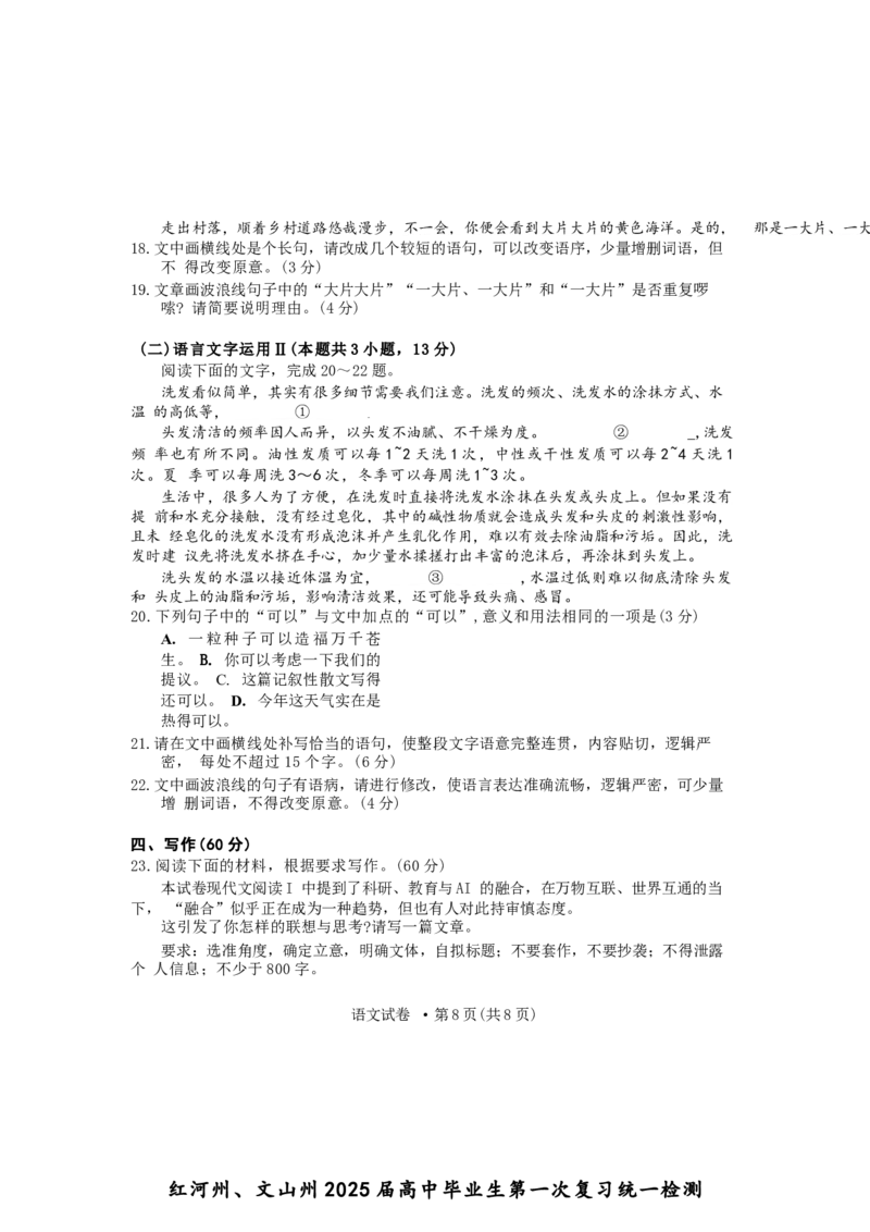 云南省红河州、文山州2025届高中毕业生第一次复习统一检测语文+答案_2025年1月_250102云南省红河州、文山州2025届高中毕业生第一次复习统一检测