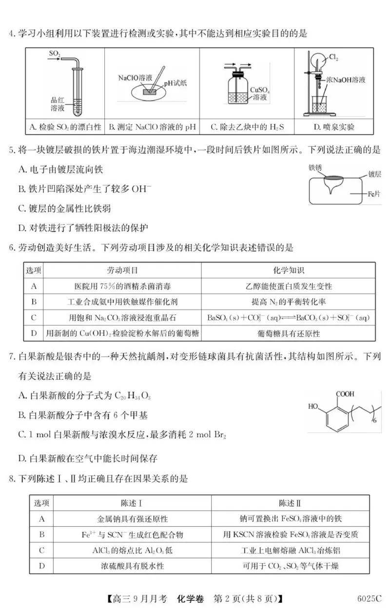6025C化学（8页）_2025年9月_250915广东省2025-2026学年高三上学期9月月考（全科）_广东省2025-2026学年高三上学期9月月考化学试题（含答案）