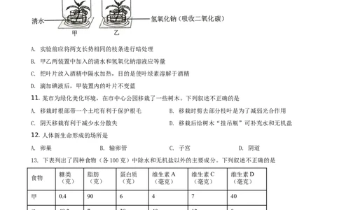 精品解析：云南省2021年中考生物试题（原卷版）_中考真题_8.生物中考真题2015-2024年_地区卷_云南生物14-22缺18