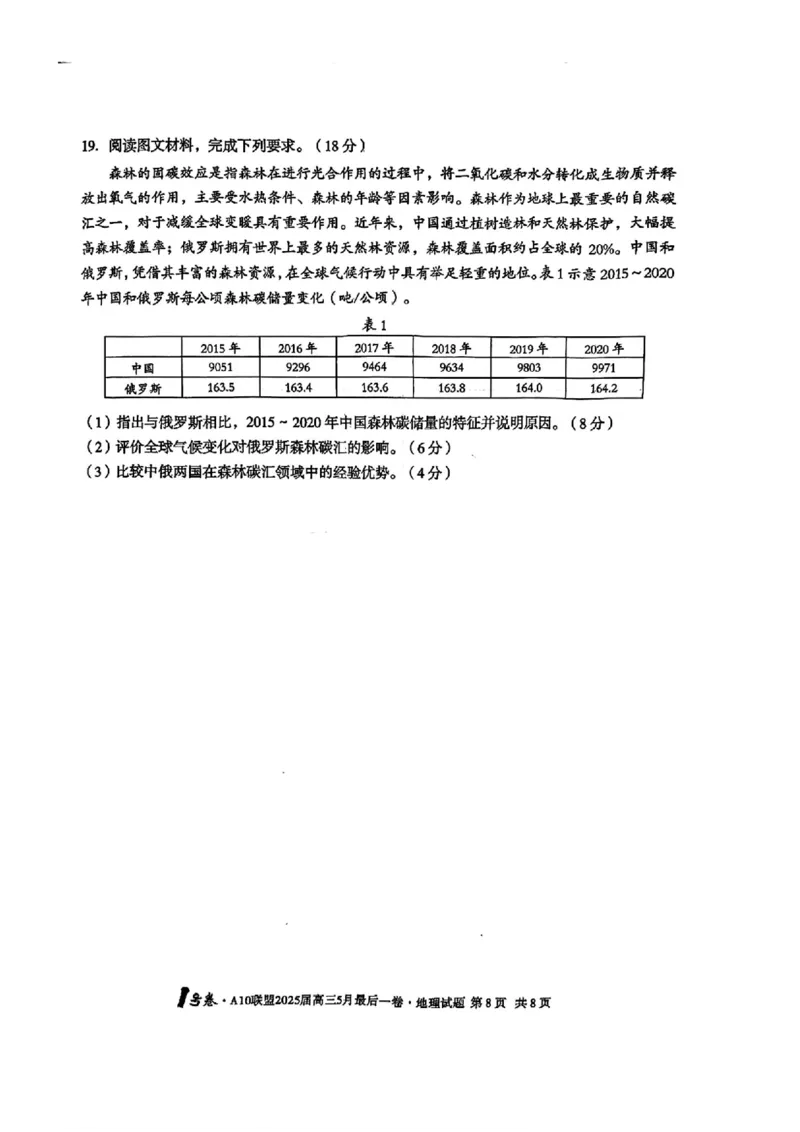 1号卷&middot;A10联盟2025届高三5月最后一卷地理_2025年5月_250519安徽省1号卷&middot;A10联盟2025届高三5月最后一卷（全科）