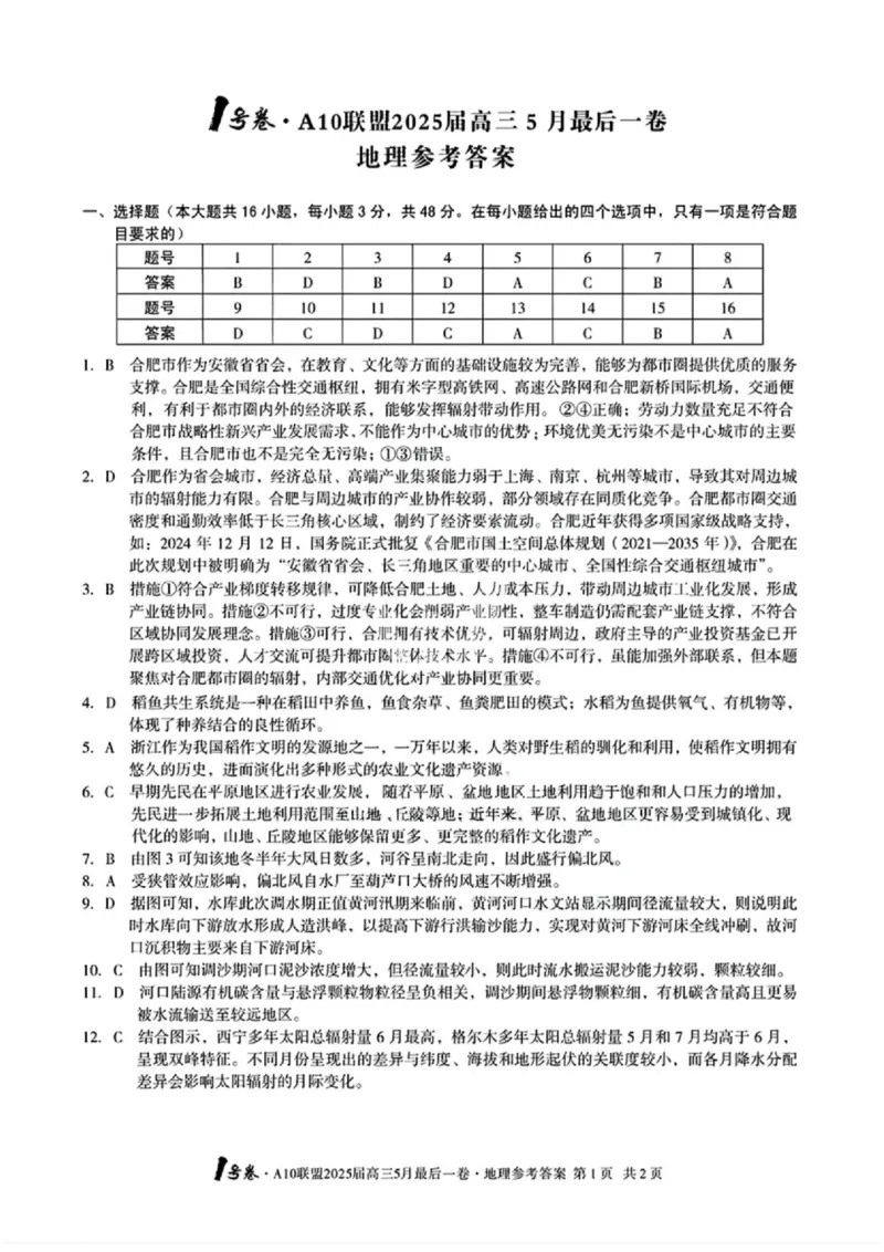 1号卷&middot;A10联盟2025届高三5月最后一卷地理_2025年5月_250519安徽省1号卷&middot;A10联盟2025届高三5月最后一卷（全科）
