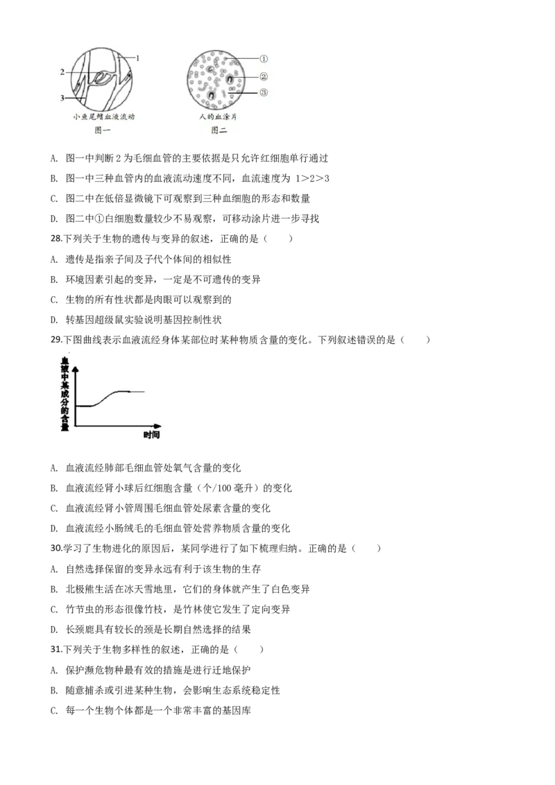 精品解析：山东省青岛市2020年中考生物试题（原卷版）_中考真题_8.生物中考真题2015-2024年_2020生物真题74份_2020年中考真题解析生物(山东青岛卷)精编word版