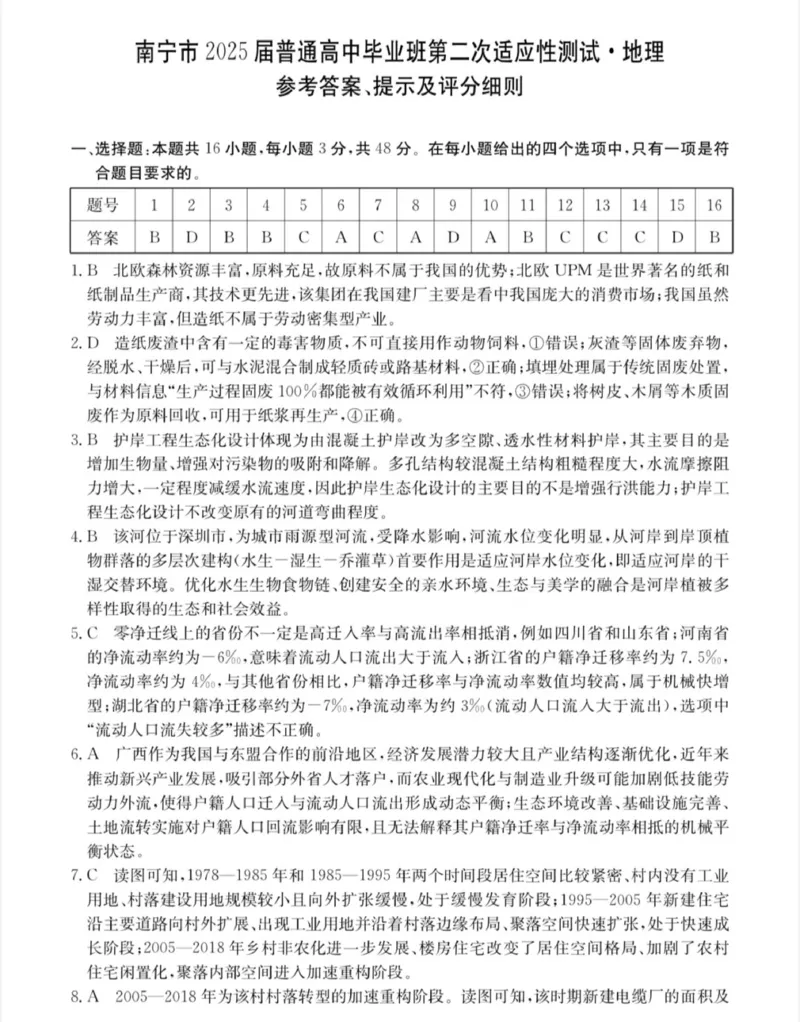 南宁2025年3月高三二模地理答案_2025年3月_250321广西省南宁市2025届普通高中毕业班第二次适应性测试（全科）_南宁市2025届普通高中毕业班第二次适应性测试地理
