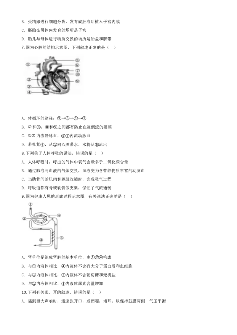 精品解析：山东省聊城市2020年中考生物试题（原卷版）_中考真题_8.生物中考真题2015-2024年_2020生物真题74份_2020年中考真题精品解析生物（山东聊城卷）精编word版