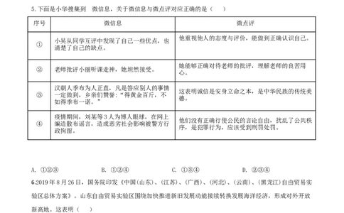 精品解析：山东省东营市2020年中考道德与法治试题（原卷版）_中考真题_7.政治中考真题2015-2024年_2020政治真题79份_2020年中考真题精品解析道德与法治（山东东营卷）精编word版