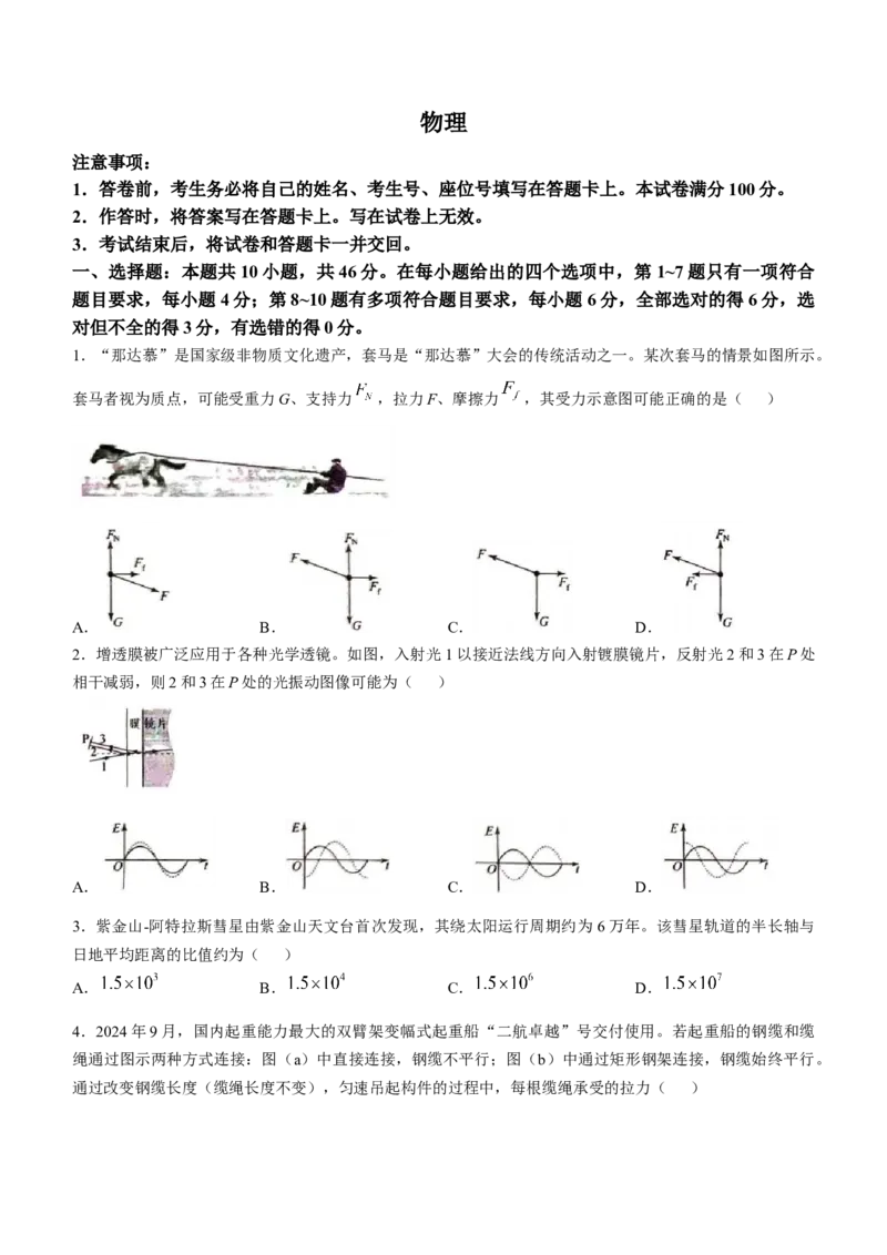 2025年1月内蒙古普通高等学校招生考试适应性测试（八省联考）物理试题_2025年1月_❤2025年高考综合改革适应性演练（八省联考）(1)