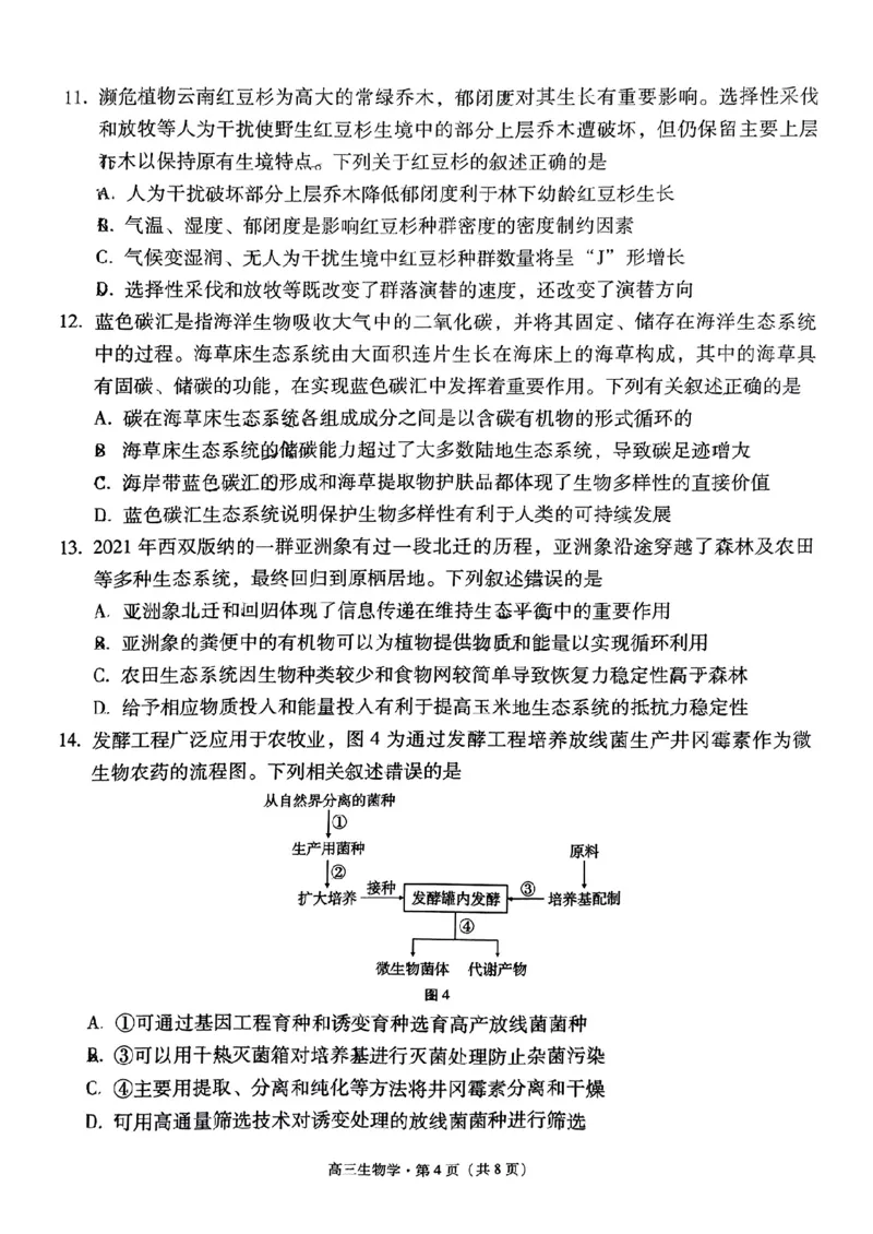 云南省保山市2024-2025学年高三上学期1月期末质量监测生物_2025年1月_250120云南省保山市2024-2025学年高三上学期1月期末质量监测试题