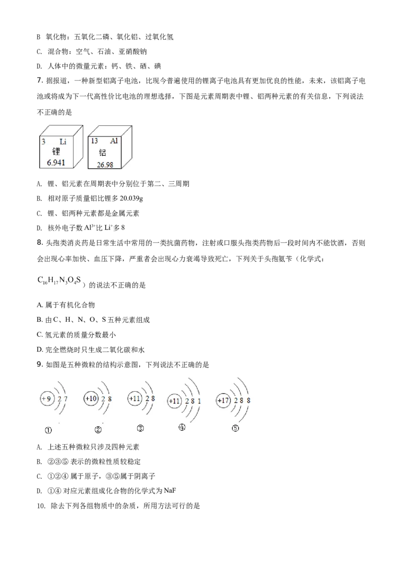 精品解析：湖南省常德市2021年中考化学试题（原卷版）_中考真题_5.化学中考真题2015-2024年_地区卷_湖南省_化学常德11-22