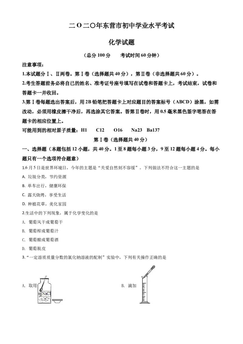 精品解析：山东省东营市2020年中考化学试题（原卷版）_中考真题_5.化学中考真题2015-2024年_2020中考化学真题（113份）_2020年中考真题精品解析化学（山东东营卷）精编word版