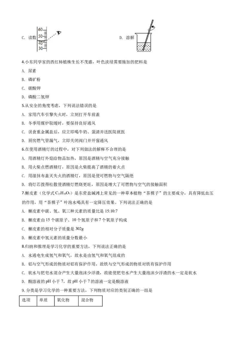 精品解析：山东省东营市2020年中考化学试题（原卷版）_中考真题_5.化学中考真题2015-2024年_2020中考化学真题（113份）_2020年中考真题精品解析化学（山东东营卷）精编word版