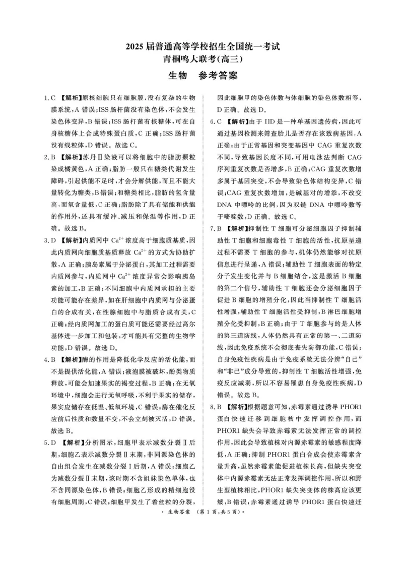 2025届河南省青桐鸣高三4月大联考生物试题+答案_2025年4月_2504172025届河南省青桐鸣高三4月大联考（全科）