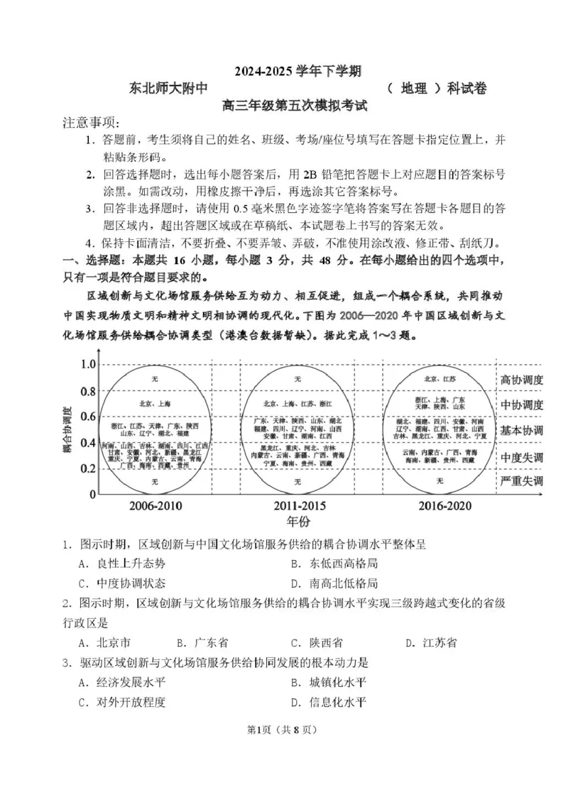 2025届吉林省长春市东北师范大学附属中学高三下学期第五次模拟考试地理试卷（含答案）_2025年5月_2505312025届吉林省长春市东北师范大学附属中学高三下学期第五次模拟考试（全科）