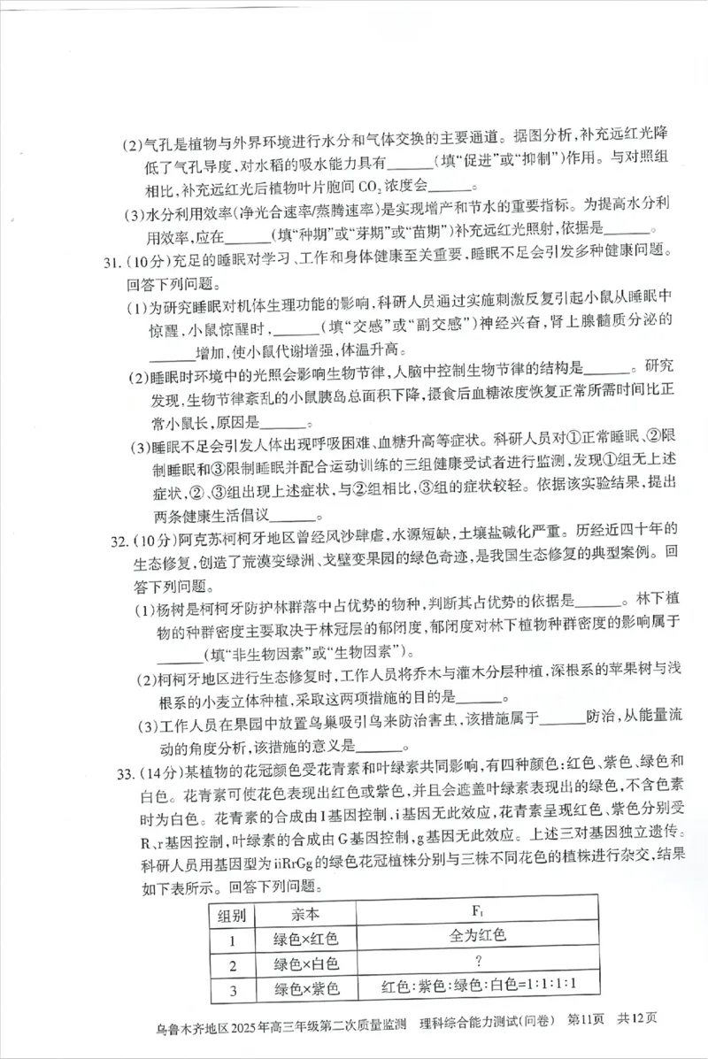 乌鲁木齐地区2025年高三年级第二次质量监测理综_2025年3月_250326新疆维吾尔自治区乌鲁木齐地区2025年高三年级第二次质量监测（全科）