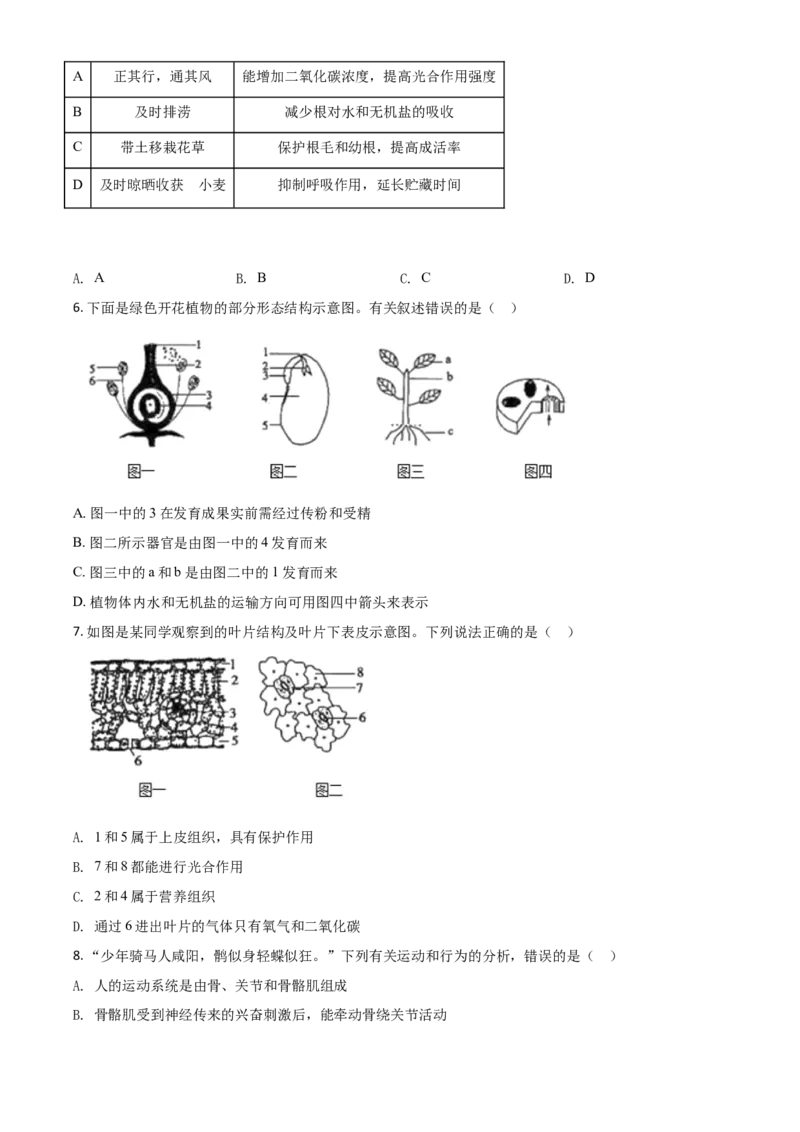 精品解析：山东省菏泽市2020年中考生物试题（原卷版）_中考真题_8.生物中考真题2015-2024年_2020生物真题74份_2020年中考真题精品解析生物（山东菏泽卷）精编word版