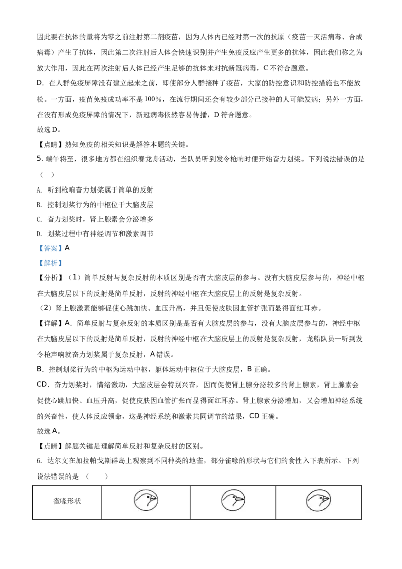 精品解析：四川泸州2021年中考生物试题（解析版）_中考真题_8.生物中考真题2015-2024年_地区卷_四川省_四川泸州生物（只有2021）
