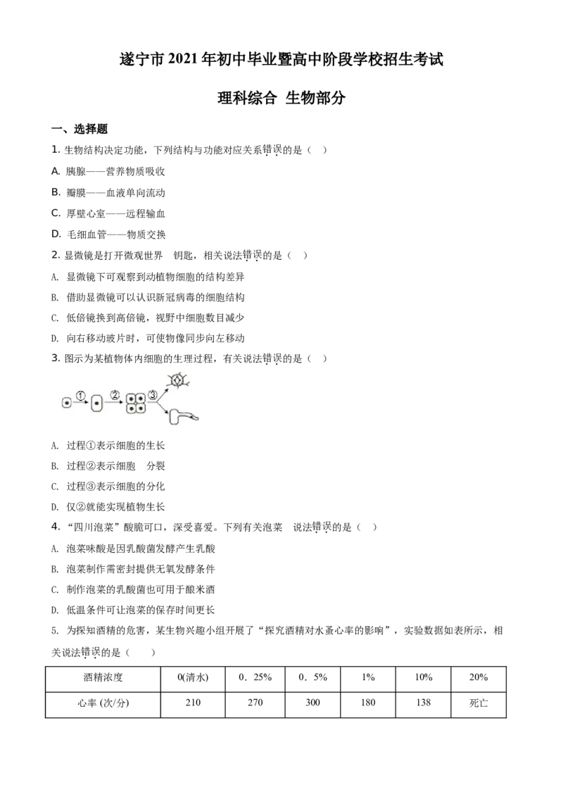 精品解析：四川省遂宁市2021年中考生物试题（原卷版）_中考真题_8.生物中考真题2015-2024年_地区卷_四川省_四川遂宁生物16,19-22
