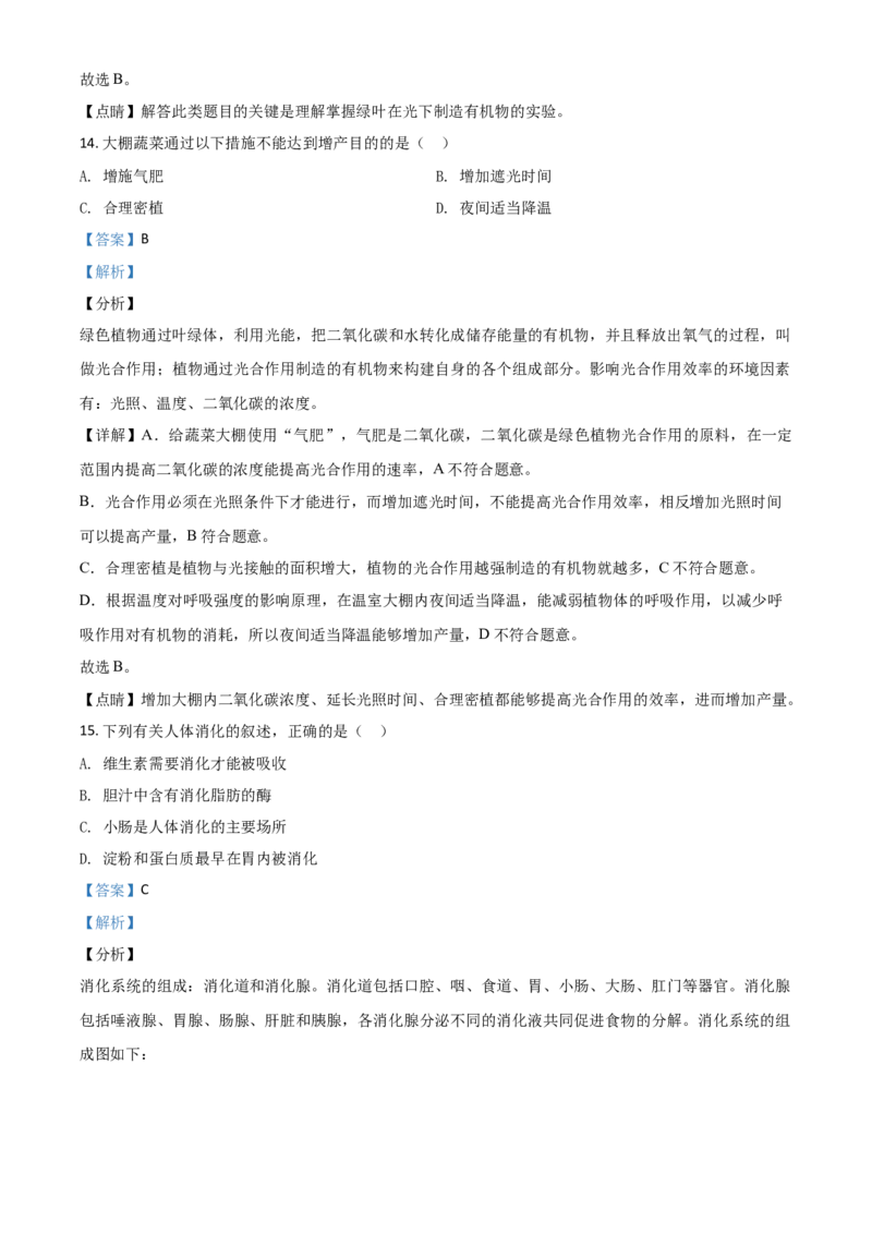 精品解析：江苏省苏州市2020年学业考试生物试题（解析版）_中考真题_8.生物中考真题2015-2024年_2020生物真题74份_2020年中考真题精品解析生物（江苏苏州卷）精编word版