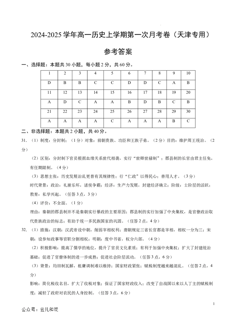高一历史第一次月考卷（参考答案）（天津专用）_1多考区联考试卷_0924黄金卷：2024-2025学年高一上学期第一次月考9科word解析版含答题卡（天津专用）