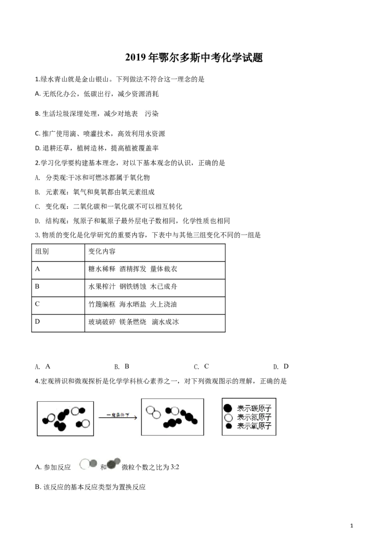 精品解析：内蒙古鄂尔多斯市2019年中考化学试题（原卷版）_中考真题_5.化学中考真题2015-2024年_2019中考真题卷（140份）_2019年中考真题精品解析化学（内蒙古鄂尔多斯市）精编word版
