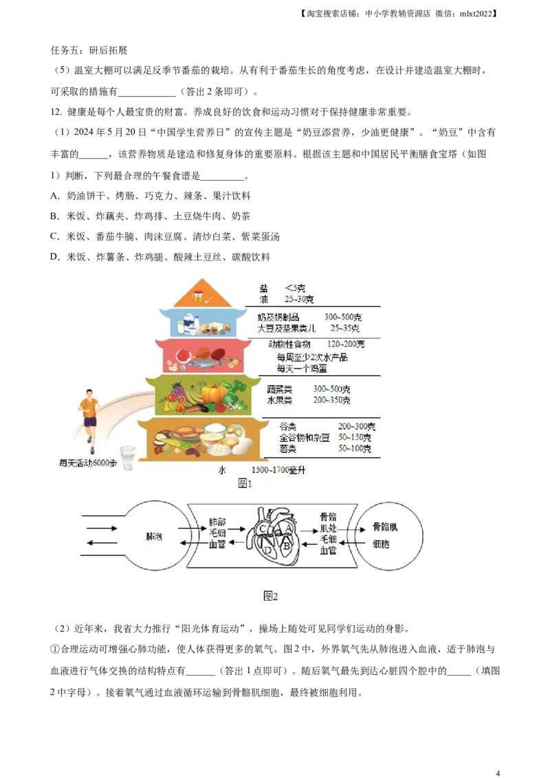 精品解析：2024年湖北省中考生物真题（原卷版）_中考真题_8.生物中考真题2015-2024年_2024年中考生物真题_精品解析：2024年湖北省中考生物真题