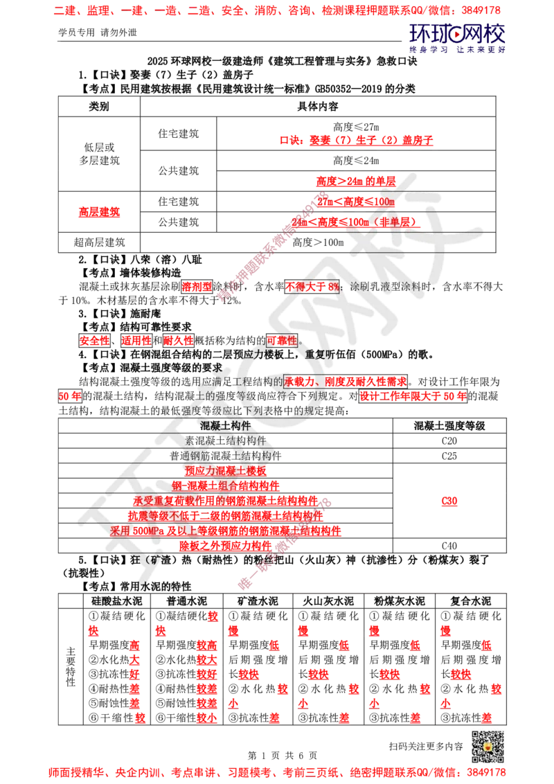 2025环球网校一级建造师《建筑工程管理与实务》急救口诀_2026年一级建造师_2026年一建建筑_2025年一建建筑SVIP_01-精华文档✿电子教材✿历年真题_67-建筑《考点急救口诀》HQ推荐
