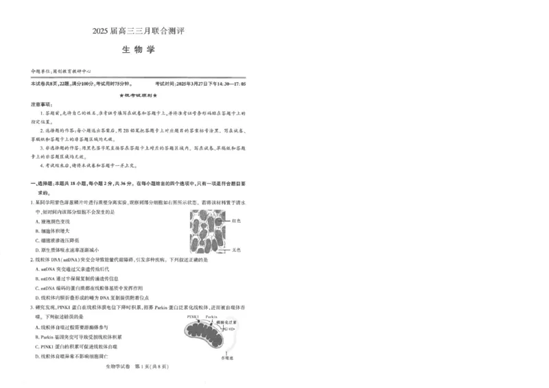 25届圆创联盟3月联考生物_2025年3月_250327湖北省圆创教育教研中心2025届高三三月联合测评（全科）_湖北省圆创教育教研中心2025届高三三月联合测评生物