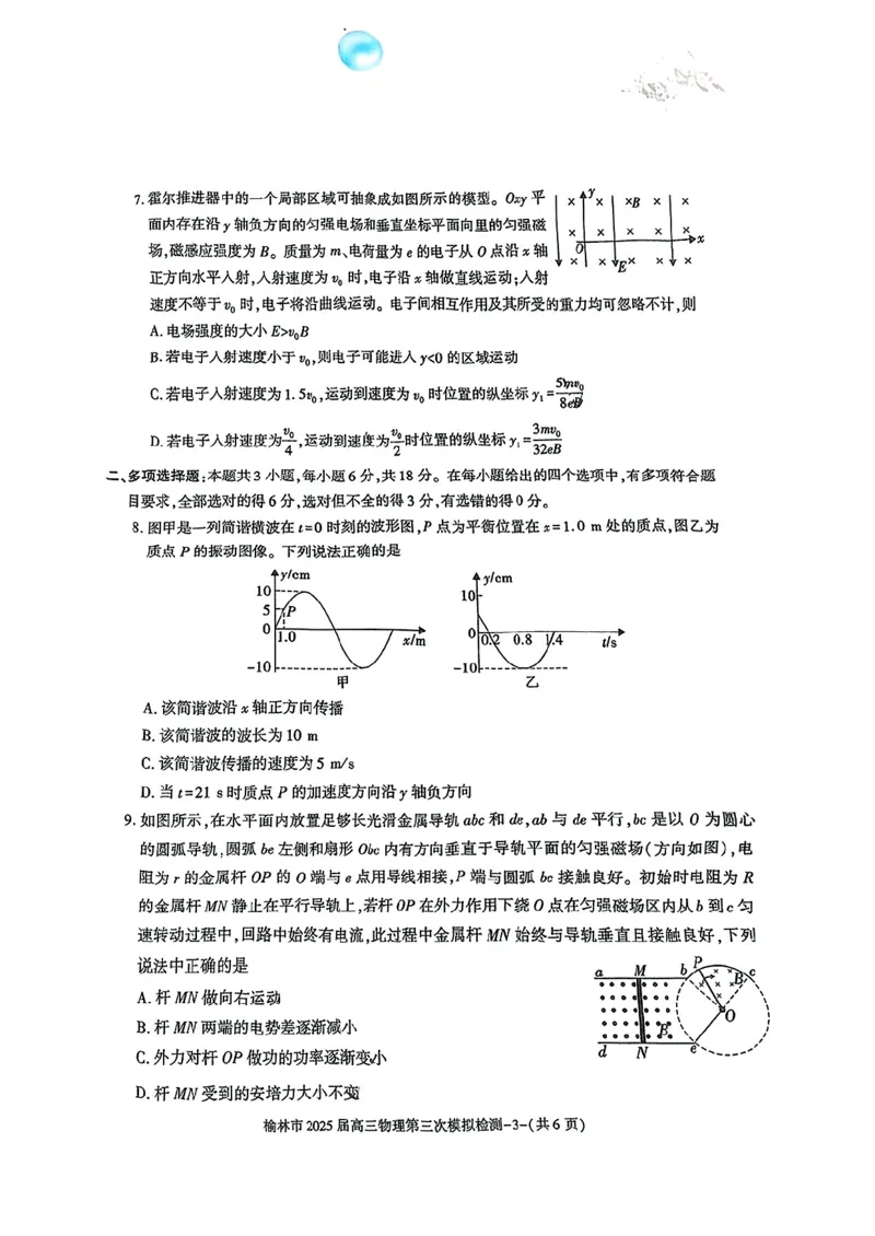 2025届陕西省榆林市高三下学期第三次模拟检测物理试题_2025年3月_250310陕西省榆林市2025届高三第三次模拟检测（全科）_陕西省榆林市2025届高三第三次模拟检测物理