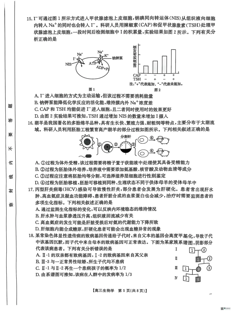 2025届河北省&ldquo;五个一&rdquo;名校联盟高三下学期4月联考生物试题（含答案）_2025年4月_2504282025届河北省&ldquo;五个一&rdquo;名校联盟高三下学期4月联考（全科）