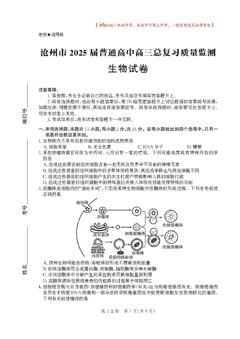 2025届河北省沧州市高三下学期4月复习质量监测（二模）生物试题（含答案）_2025年4月_2504162025届河北省沧州市高三下学期4月复习质量监测（二模）（全科）