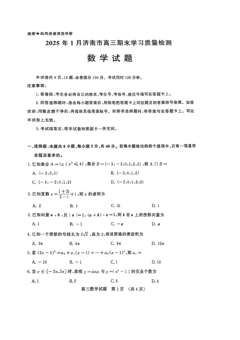 2025年1月山东济南高三数学模拟考试_2025年1月_250119山东省济南市2024-2025学年高三上学期1月期末学习质量检测（全科）_山东省济南市2024-2025学年高三上学期1月期末考试数学