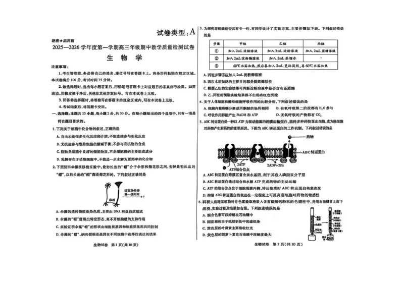 内蒙古包头市2026届高三上学期期中教学质量检测生物试卷（含答案）_2025年10月_12026年试卷教辅资源等多个文件_251024内蒙古包头市2026届高三上学期期中教学质量检测（全科）