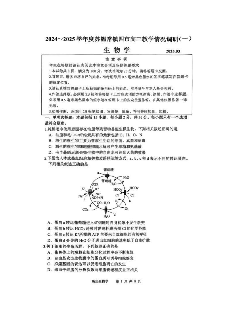 2025届江苏省苏锡常镇四市高三下学期教学情况调（一）（一模）生物_2025年3月_2503202025届江苏省苏锡常镇四市高三下学期教学情况调（一）（一模）（全科）
