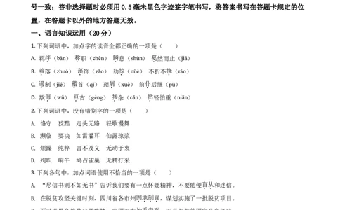精品解析：四川省眉山市2020年中考语文试题（原卷版）_中考真题_1.语文中考真题2015-2024年_2020全国多省多地中考语文真题96份_语文真题2020