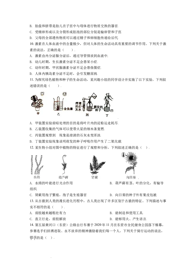 精品解析：山东省东营市2021年中考生物试题（原卷版）_中考真题_8.生物中考真题2015-2024年_地区卷_山东省_东营中考生物09-22