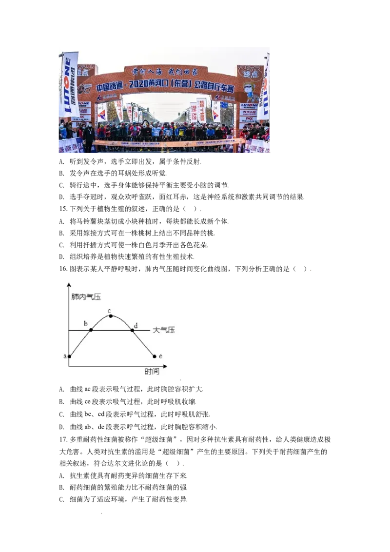精品解析：山东省东营市2021年中考生物试题（原卷版）_中考真题_8.生物中考真题2015-2024年_地区卷_山东省_东营中考生物09-22