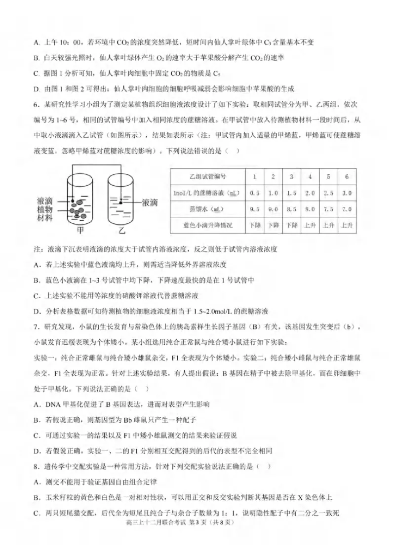 重庆市拔尖强基联盟育才中学校、万州高级中学、西南大学附属中学校2024届高三上学期12月联考生物