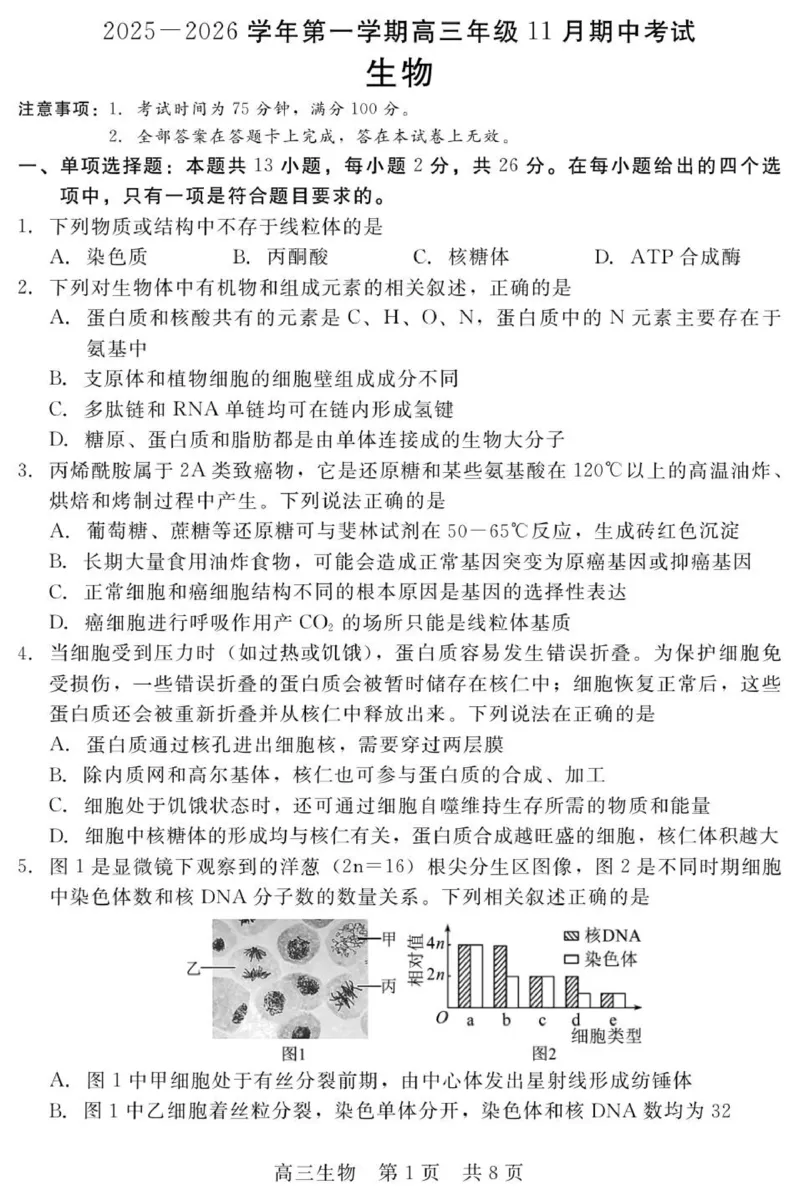 202511高三期中（生物）_2025年11月_251120河北省秦皇岛市承德联考2025-2026学年高三上学期11月期中（全科）_NT生物试题(扫描版，有解析)
