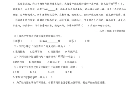 精品解析：山东省枣庄市2020年中考语文试题（原卷版）_中考真题_1.语文中考真题2015-2024年_2020全国多省多地中考语文真题96份_语文真题2020