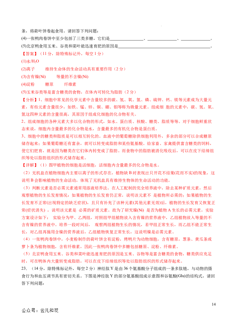 高一生物期中模拟卷01（全解全析）（新高考通用）_1多考区联考试卷_1014高一期中模拟卷（新高考通用）黄金卷：2024-2025学年高一上学期期中模拟考试