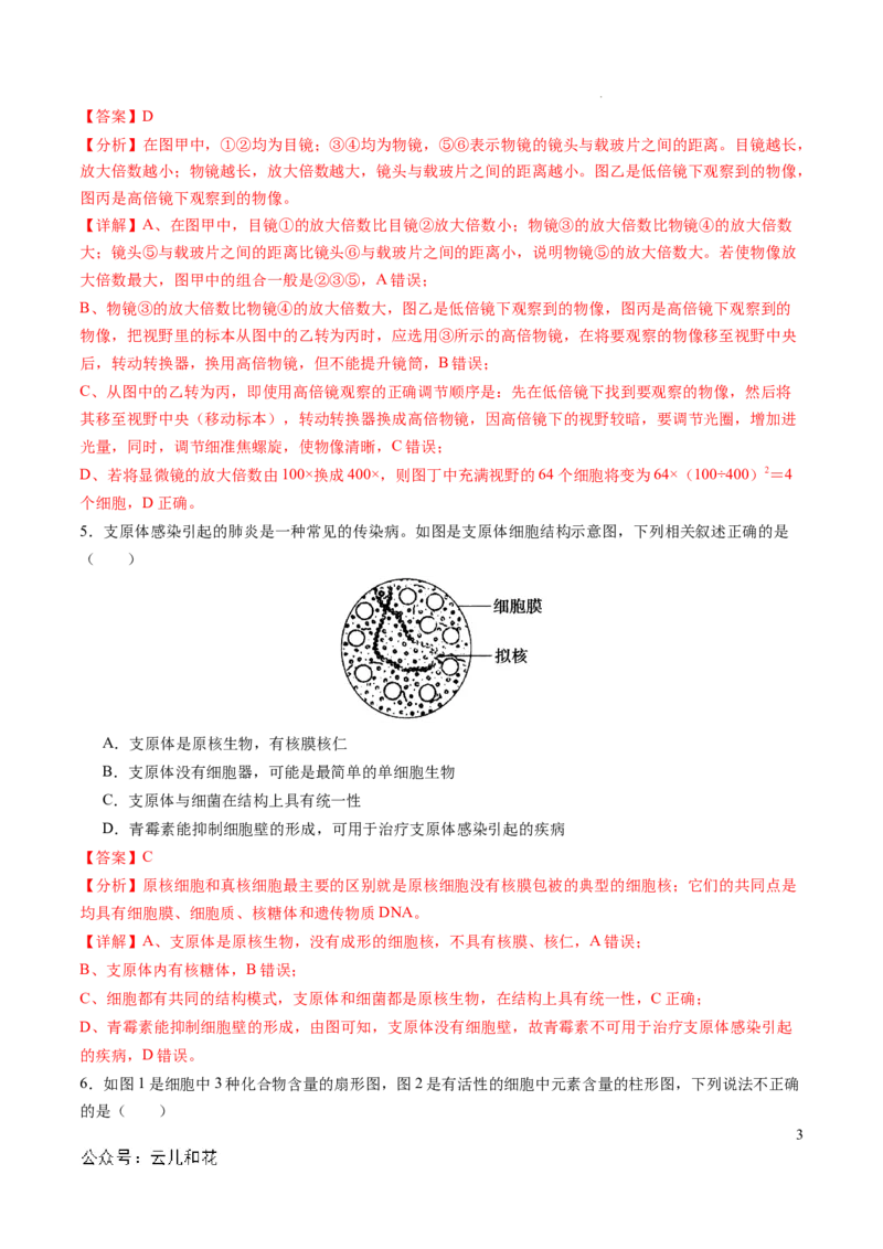 高一生物期中模拟卷01（全解全析）（新高考通用）_1多考区联考试卷_1014高一期中模拟卷（新高考通用）黄金卷：2024-2025学年高一上学期期中模拟考试