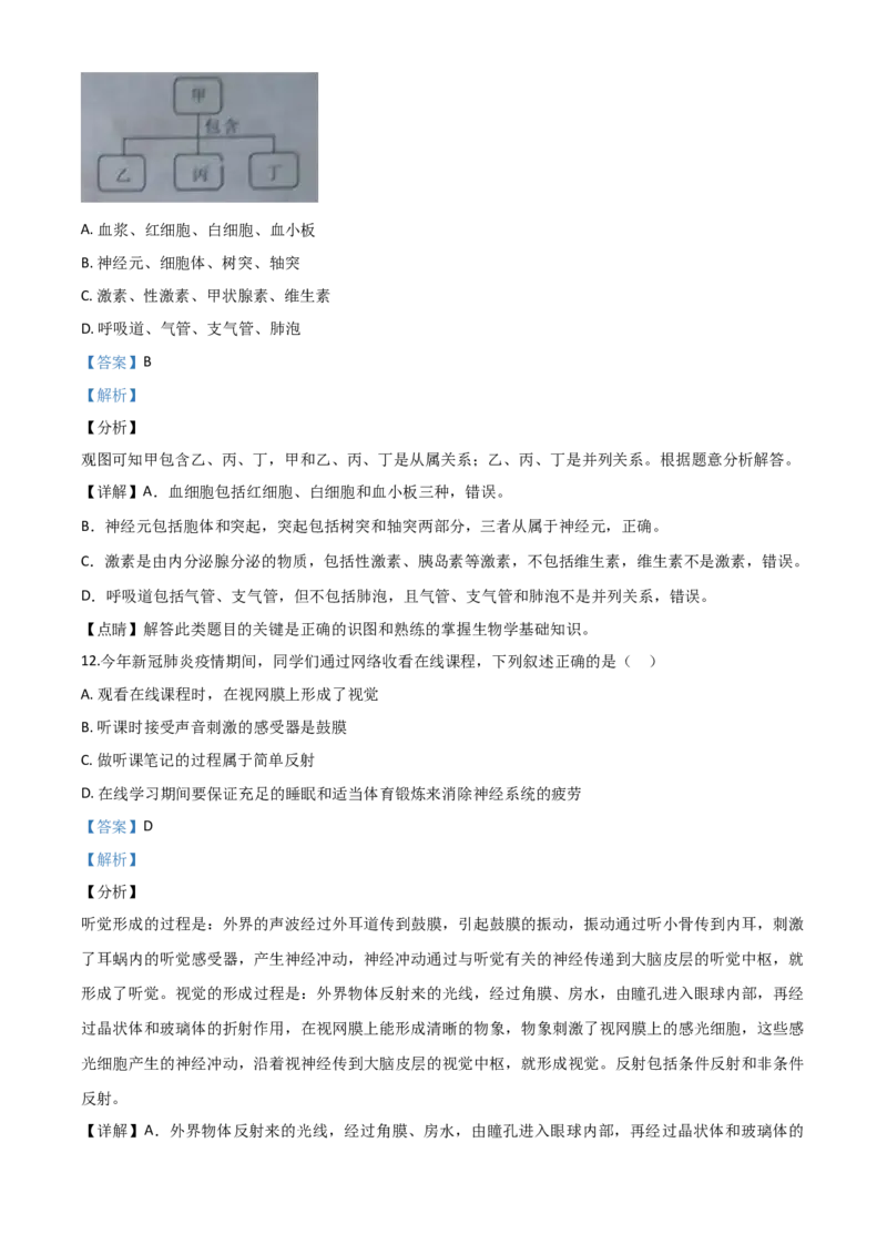 精品解析：湖南省湘潭市2020年中考生物试题（解析版）_中考真题_8.生物中考真题2015-2024年_2020生物真题74份_2020年中考真题精品解析生物（湖南湘潭卷）精编word版