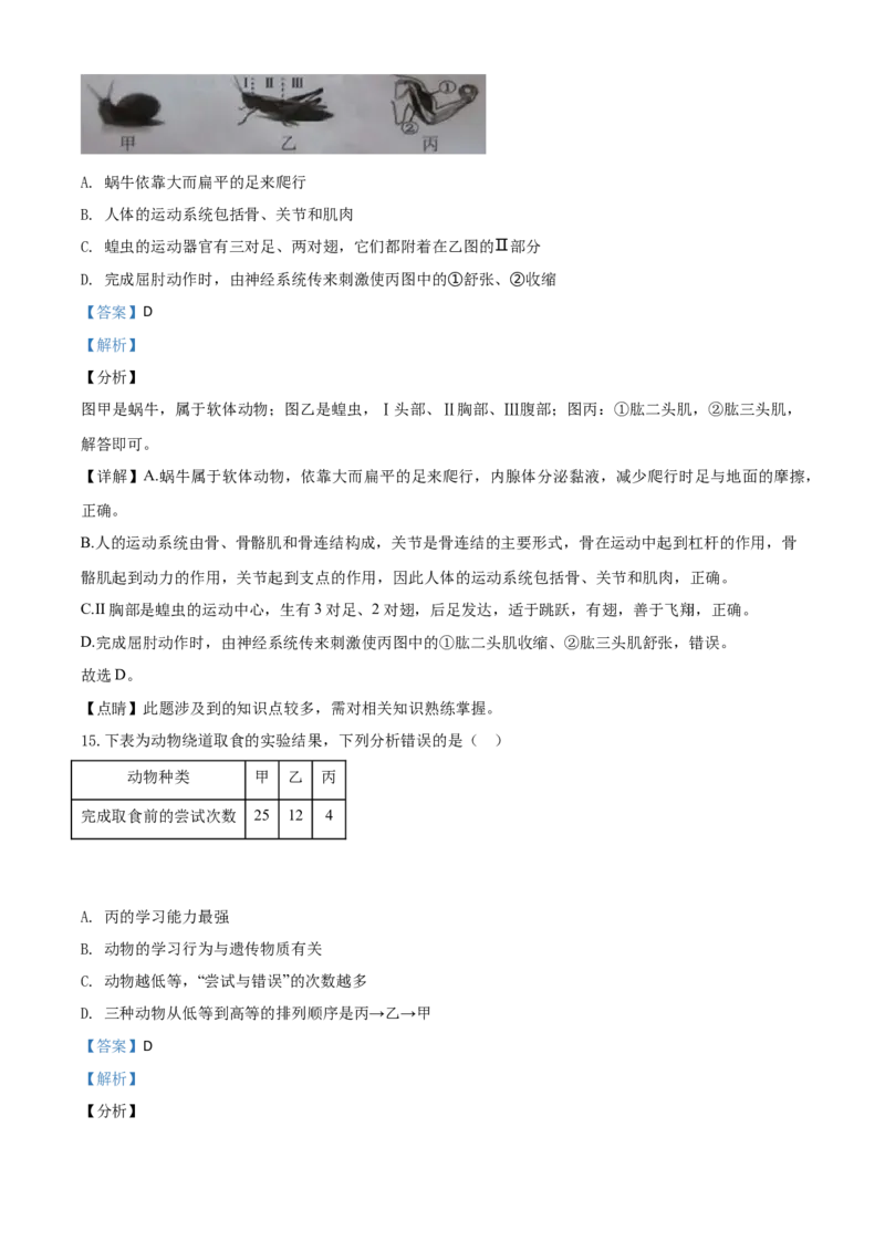 精品解析：湖南省湘潭市2020年中考生物试题（解析版）_中考真题_8.生物中考真题2015-2024年_2020生物真题74份_2020年中考真题精品解析生物（湖南湘潭卷）精编word版