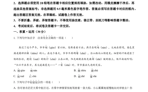 精品解析：2024年四川省达州市中考语文真题（原卷版）_中考真题_1.语文中考真题2015-2024年_2024中考语文真题_精品解析：2024年四川省达州市中考语文真题