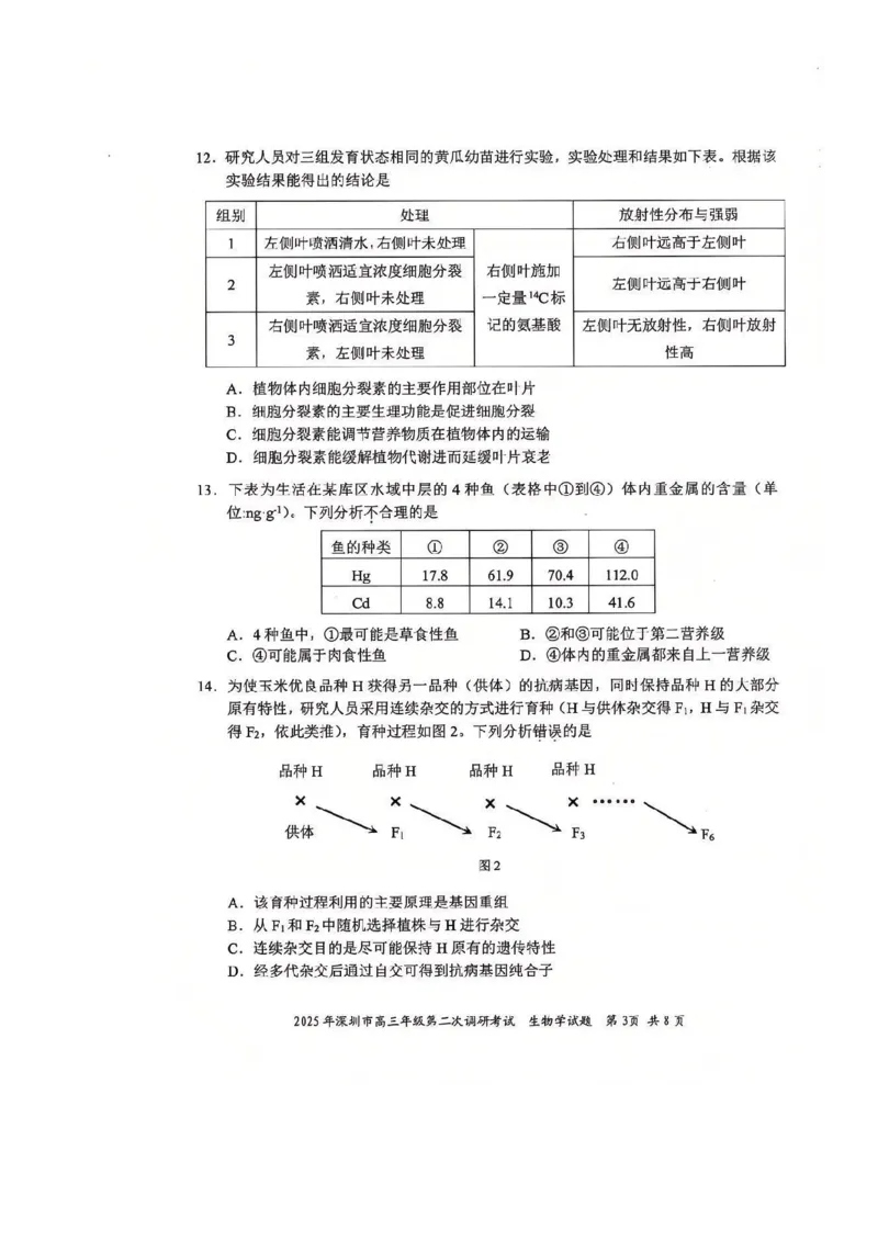 9生物试卷_2025年4月_250426广东省2025年深圳市高三年级第二次调研考试（深圳二模）（全科）_2025年深圳市高三年级第二次调研考试生物