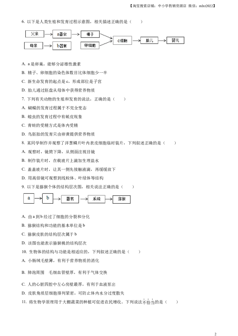 精品解析：2024年四川省广安市中考生物真题（原卷版）_中考真题_8.生物中考真题2015-2024年_2024年中考生物真题_精品解析：2024年四川省广安市中考生物真题