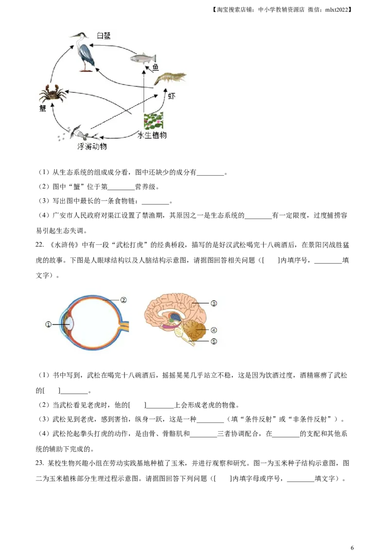 精品解析：2024年四川省广安市中考生物真题（原卷版）_中考真题_8.生物中考真题2015-2024年_2024年中考生物真题_精品解析：2024年四川省广安市中考生物真题