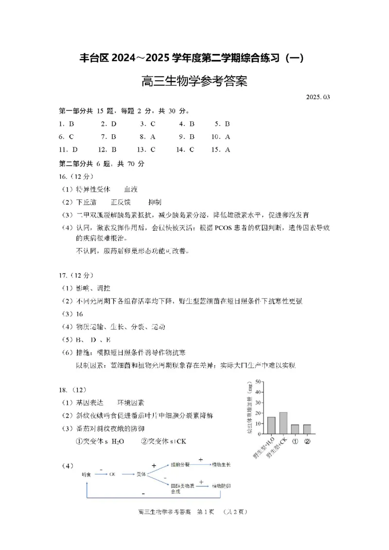 2025北京丰台高三一模生物试题及答案_2025年3月_2503312025届北京市丰台区高三一模第二学期综合练习(一)（全科）