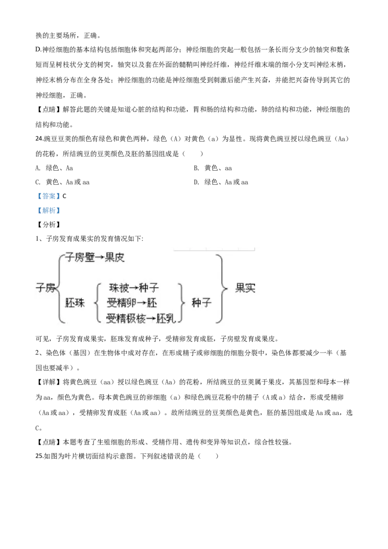 精品解析：山东省青岛市2020年中考生物试题（解析版）_中考真题_8.生物中考真题2015-2024年_2020生物真题74份_2020年中考真题解析生物(山东青岛卷)精编word版