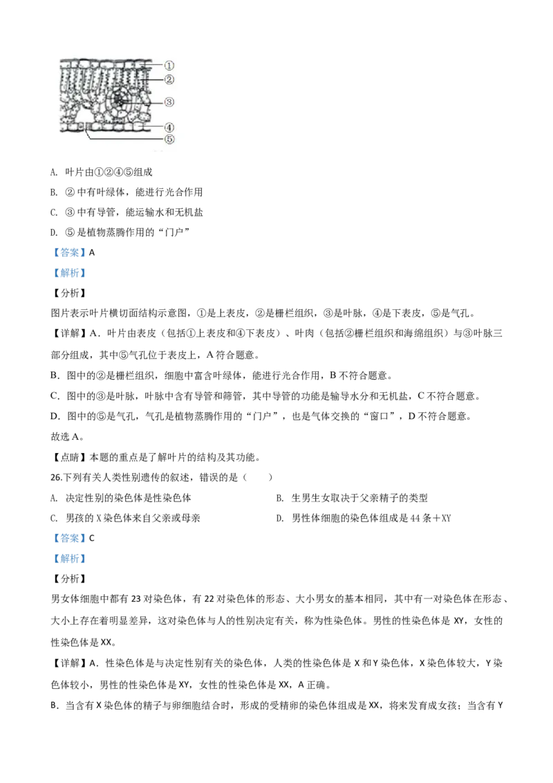 精品解析：山东省青岛市2020年中考生物试题（解析版）_中考真题_8.生物中考真题2015-2024年_2020生物真题74份_2020年中考真题解析生物(山东青岛卷)精编word版